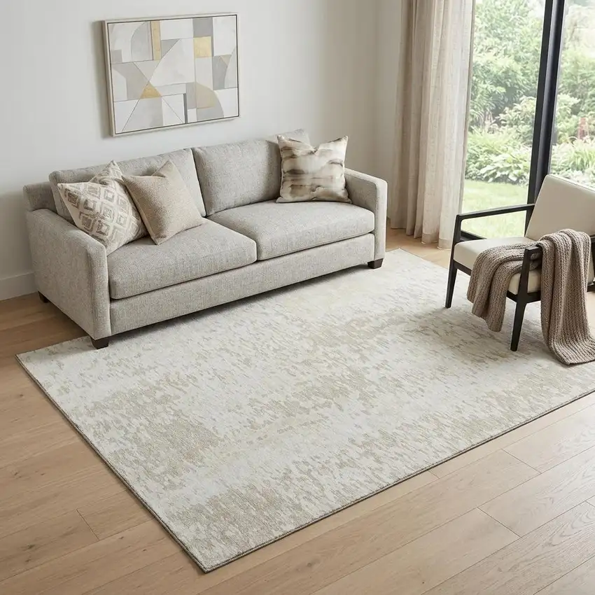 Ivory And Beige Abstract Washable Area Rug With UV Protection Photo 1