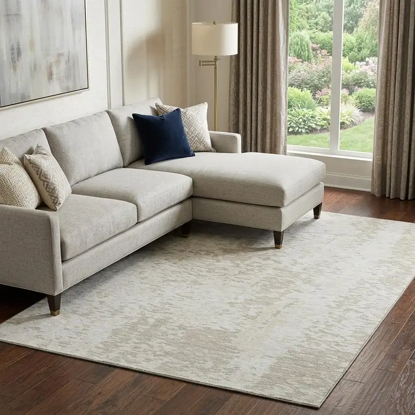 Ivory And Beige Abstract Washable Area Rug With UV Protection Photo 1