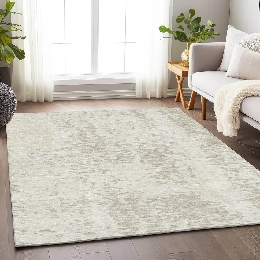 Ivory And Beige Abstract Washable Area Rug With UV Protection Photo 3