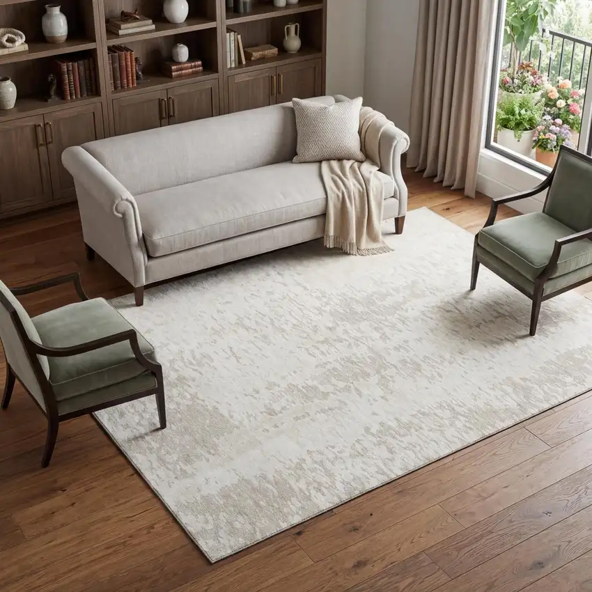 Ivory And Beige Abstract Washable Area Rug With UV Protection Photo 1