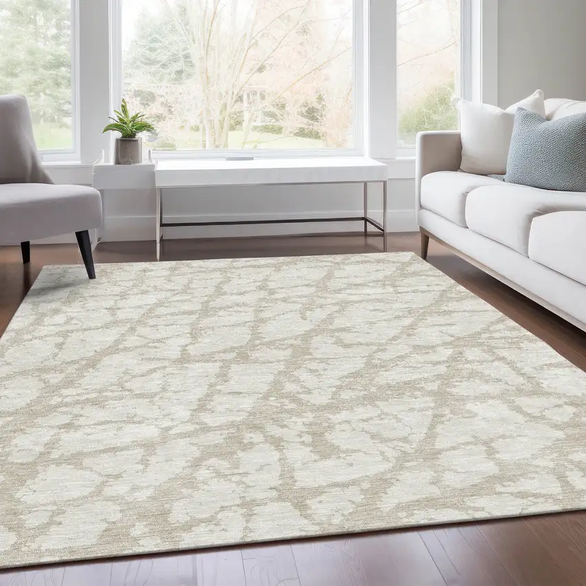 Ivory And Beige Abstract Washable Area Rug With UV Protection Photo 5