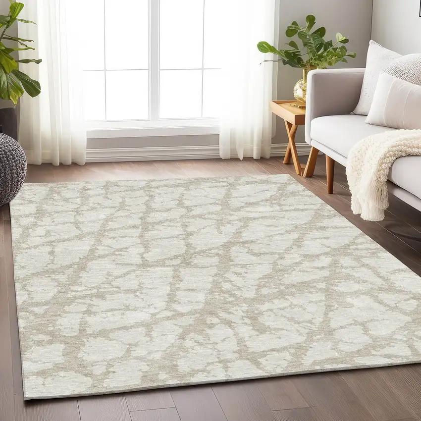 Ivory And Beige Abstract Washable Area Rug With UV Protection Photo 4
