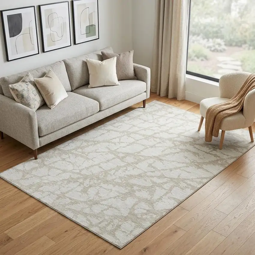 Ivory And Beige Abstract Washable Area Rug With UV Protection Photo 1