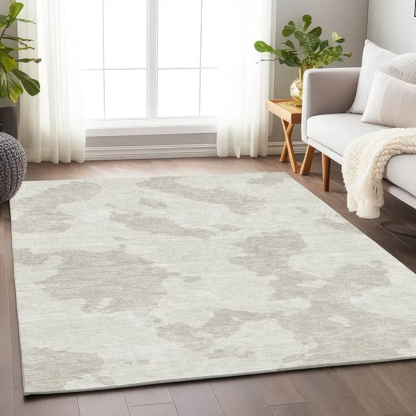 Ivory And Beige Abstract Washable Area Rug With UV Protection Photo 4