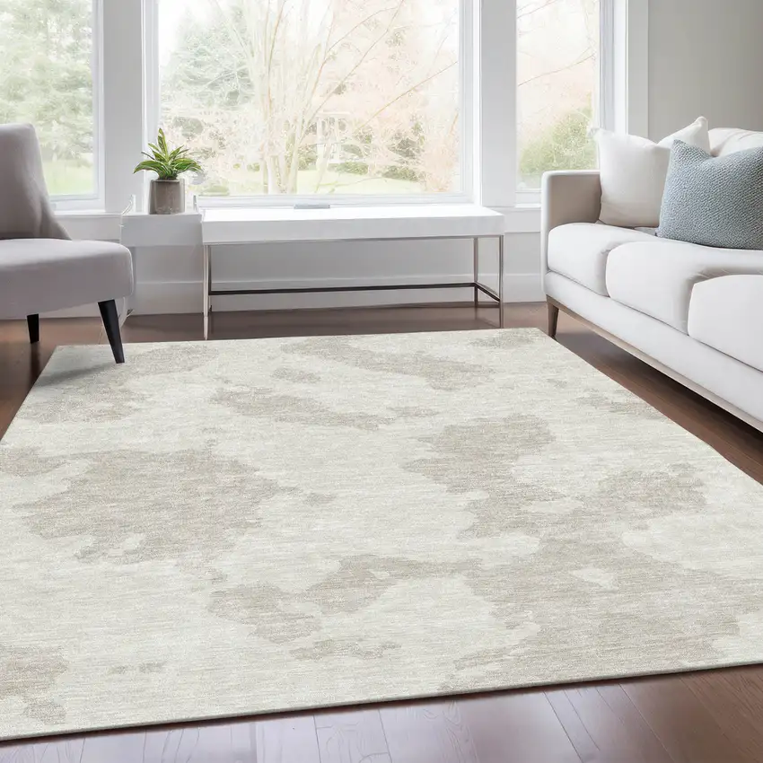 Ivory And Beige Abstract Washable Area Rug With UV Protection Photo 4