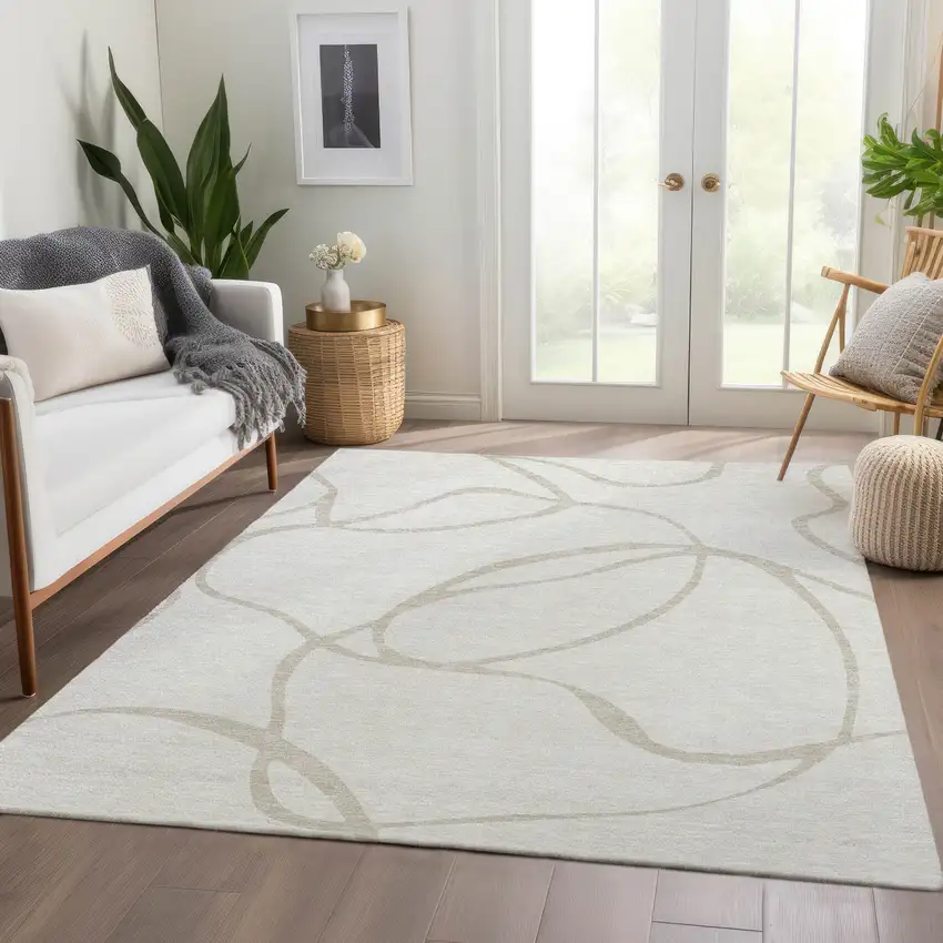 Ivory And Beige Abstract Washable Area Rug With UV Protection Photo 3