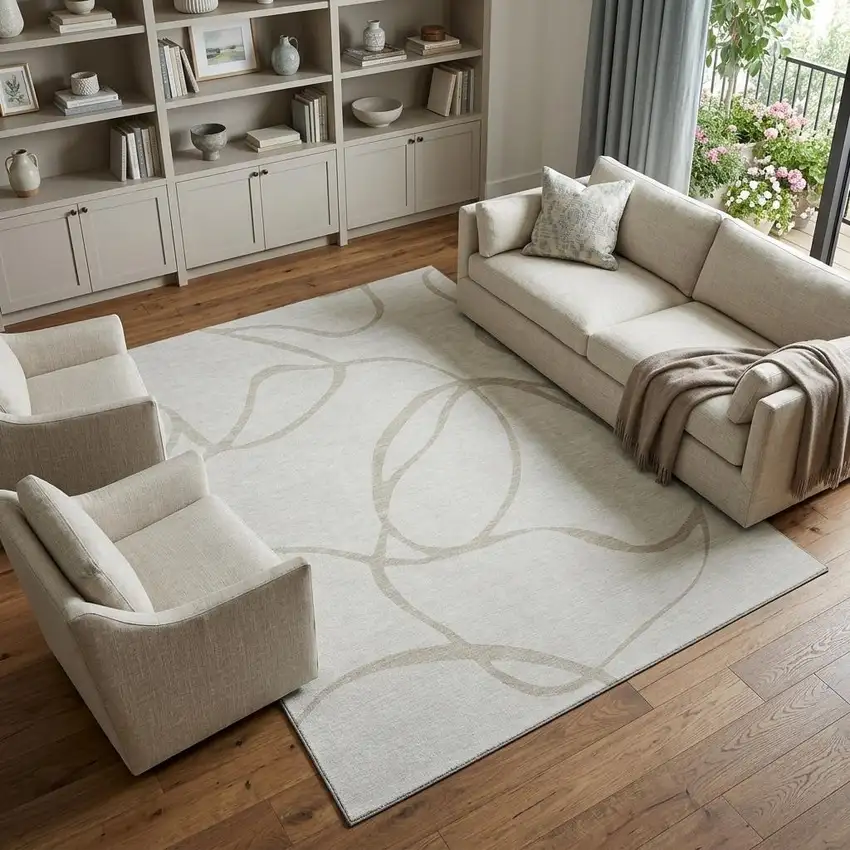 Ivory And Beige Abstract Washable Area Rug With UV Protection Photo 1
