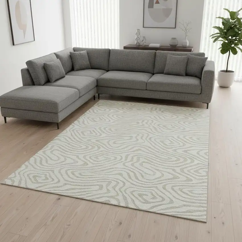 Ivory And Beige Abstract Washable Area Rug With UV Protection Photo 2