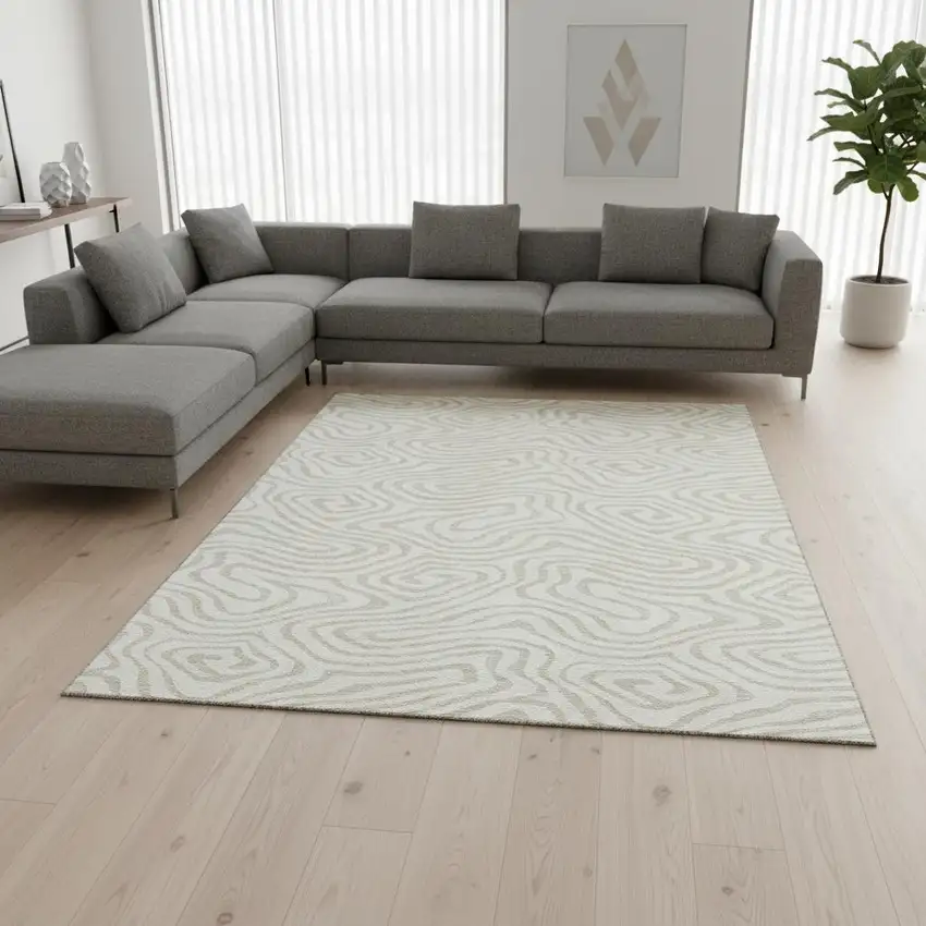 Ivory And Beige Abstract Washable Area Rug With UV Protection Photo 2