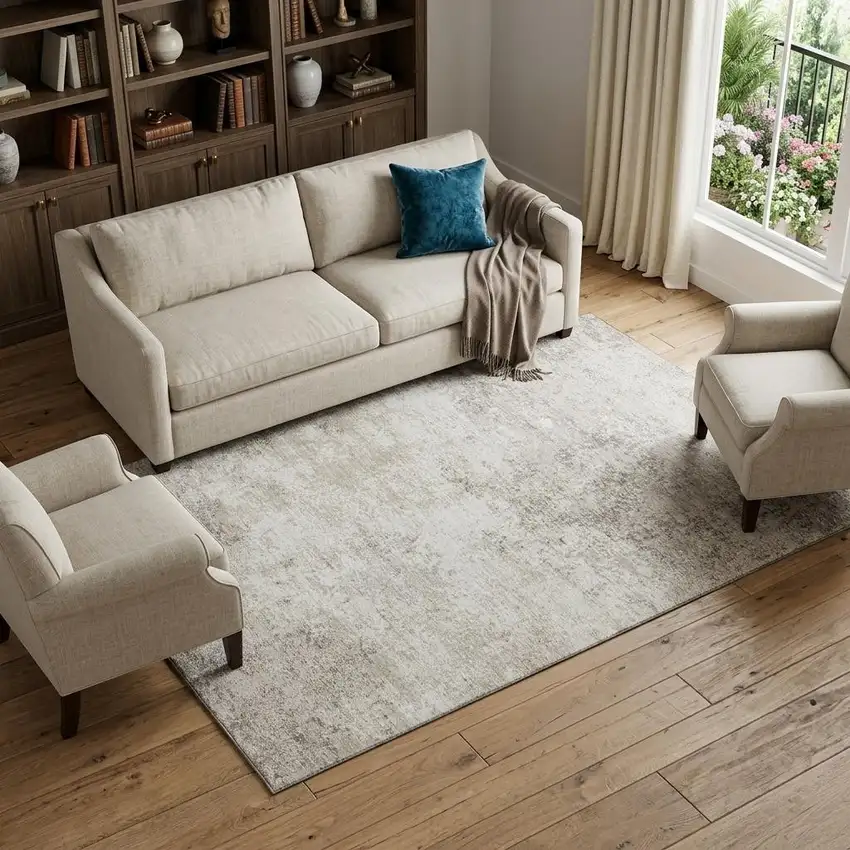Ivory And Beige Abstract Washable Area Rug With UV Protection Photo 1