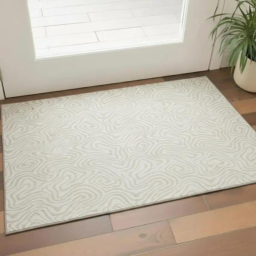Ivory And Beige Abstract Washable Area Rug With UV Protection Photo 2