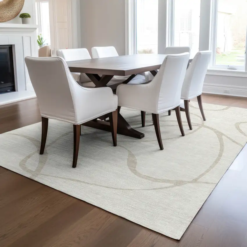 Ivory And Beige Abstract Washable Indoor Outdoor Area Rug Photo 8