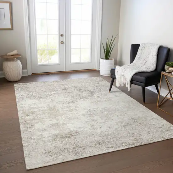 Ivory And Beige Abstract Washable Indoor Outdoor Area Rug Photo 9