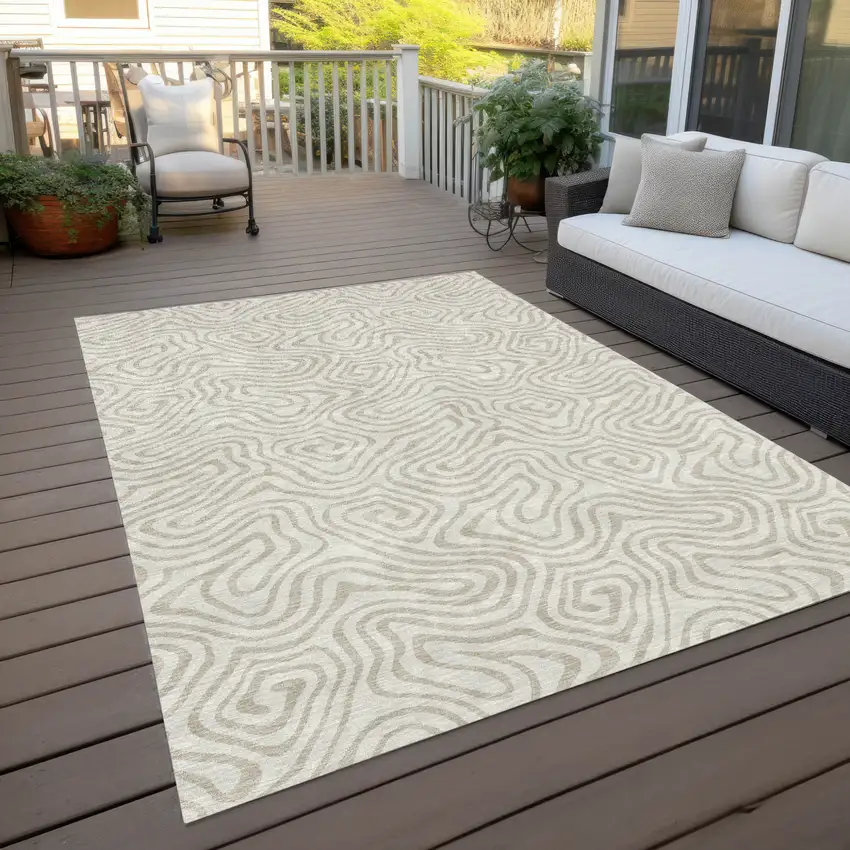 Ivory And Beige Abstract Washable Indoor Outdoor Area Rug Photo 8