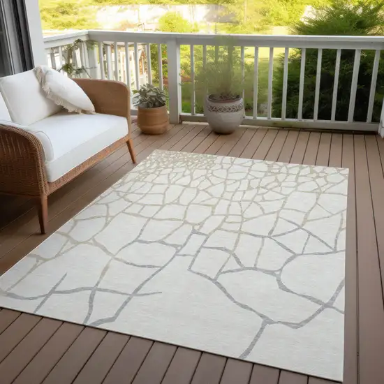 Ivory And Beige Abstract Washable Indoor Outdoor Area Rug Photo 6