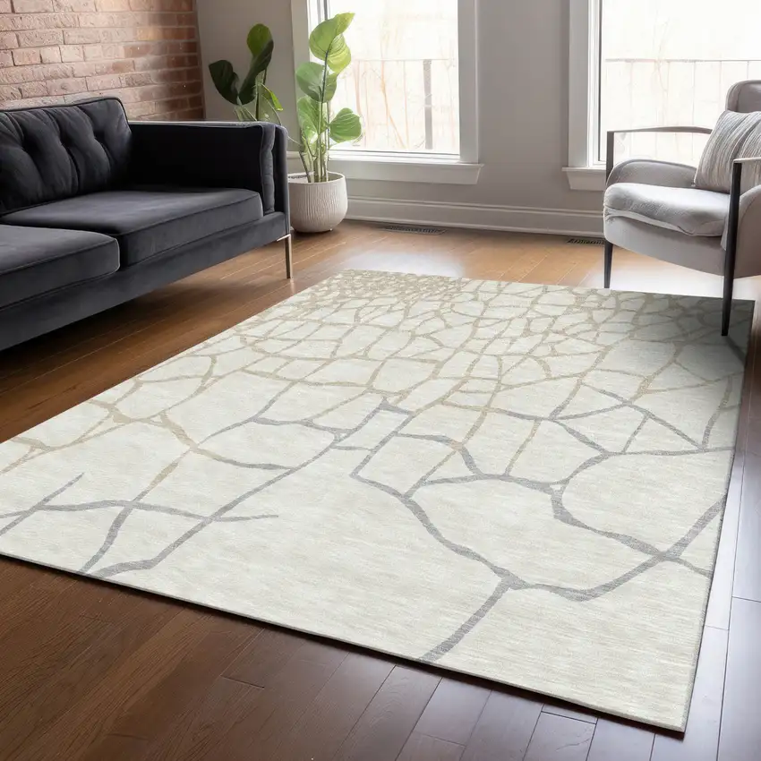 Ivory And Beige Abstract Washable Indoor Outdoor Area Rug Photo 7