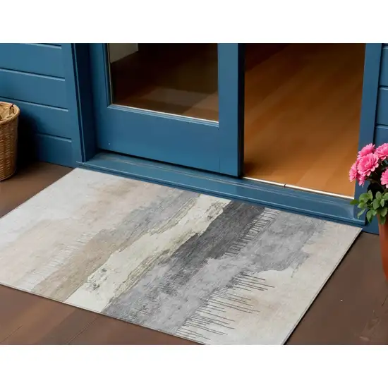 Ivory And Beige Abstract Washable Indoor Outdoor Area Rug Photo 2