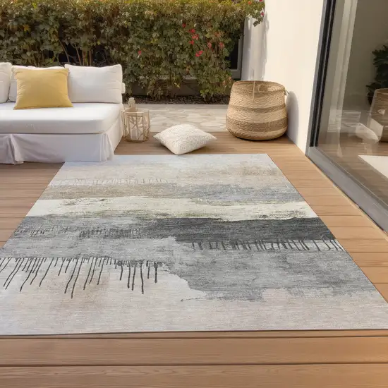 Ivory And Beige Abstract Washable Indoor Outdoor Area Rug Photo 6