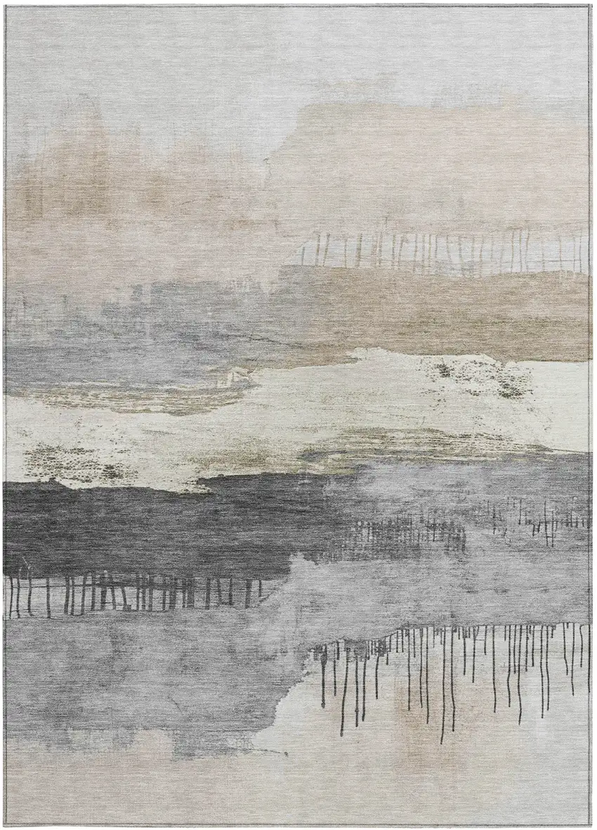 Ivory And Beige Abstract Washable Indoor Outdoor Area Rug Photo 1