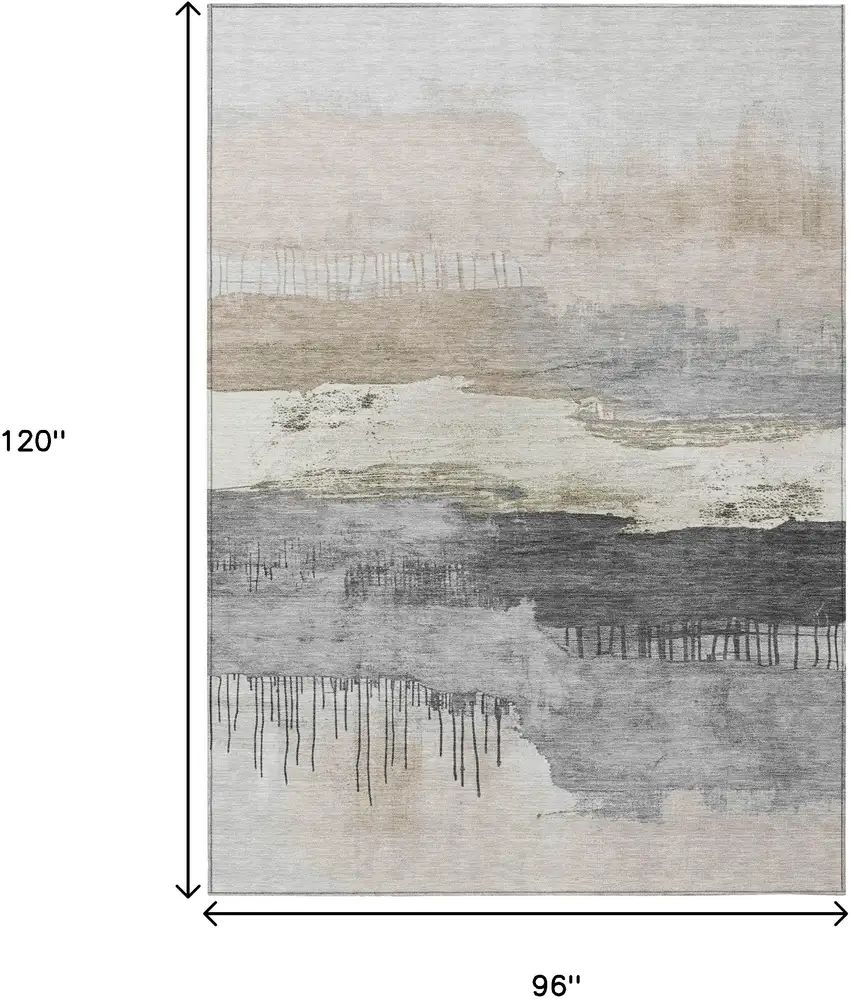 Ivory And Beige Abstract Washable Indoor Outdoor Area Rug Photo 9