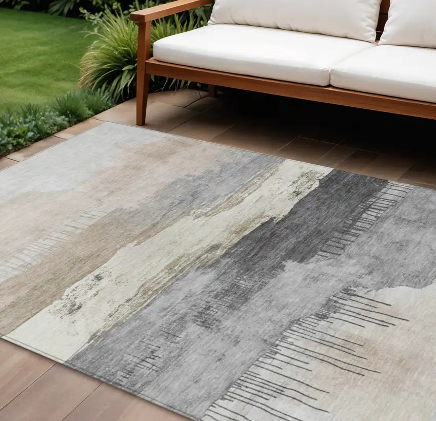Ivory And Beige Abstract Washable Indoor Outdoor Area Rug Photo 2
