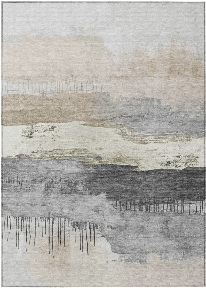Ivory And Beige Abstract Washable Indoor Outdoor Area Rug Photo 7
