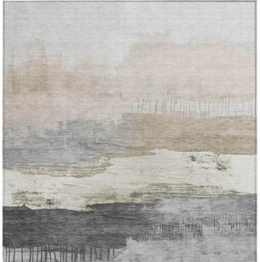 Ivory And Beige Abstract Washable Indoor Outdoor Area Rug Photo 3