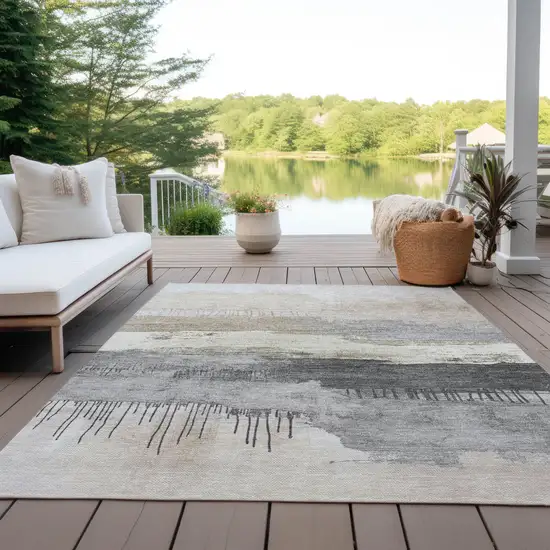 Ivory And Beige Abstract Washable Indoor Outdoor Area Rug Photo 4