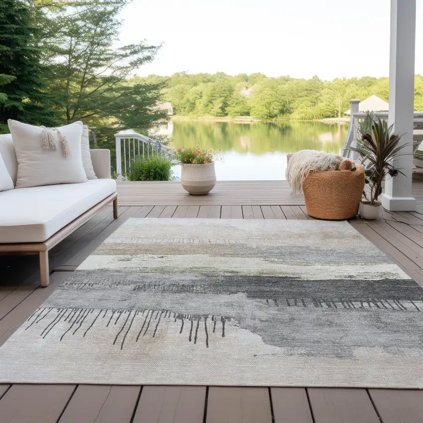 Ivory And Beige Abstract Washable Indoor Outdoor Area Rug Photo 4