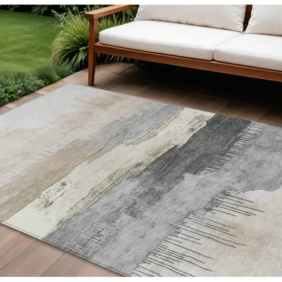 Ivory And Beige Abstract Washable Indoor Outdoor Area Rug Photo 2