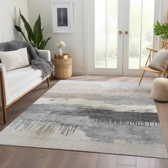 Ivory And Beige Abstract Washable Indoor Outdoor Area Rug Photo 6
