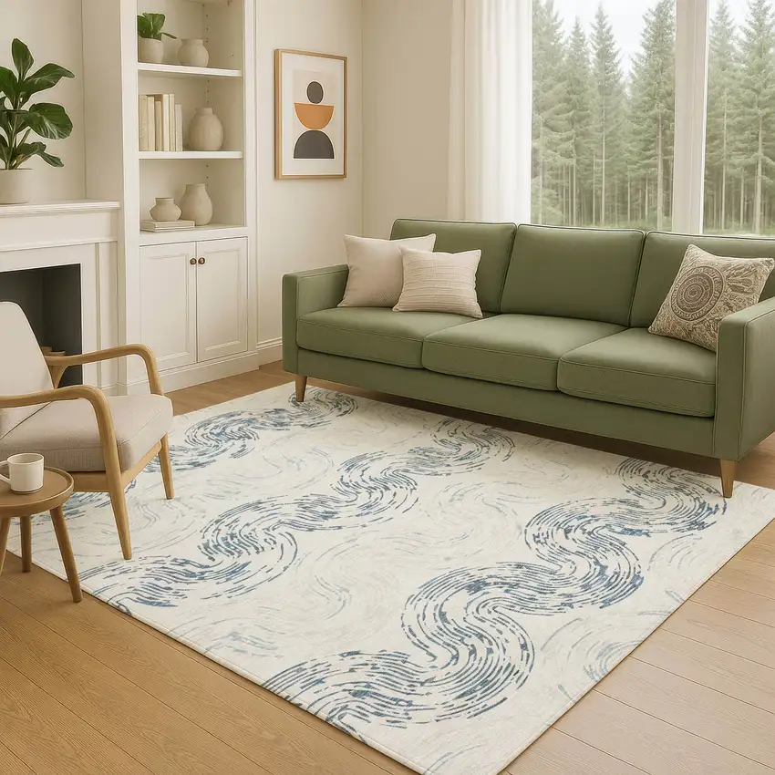 Ivory And Beige Abstract Washable Indoor Outdoor Area Rug Photo 5