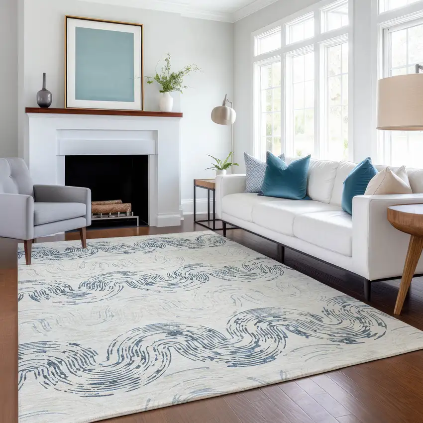 Ivory And Beige Abstract Washable Indoor Outdoor Area Rug Photo 6
