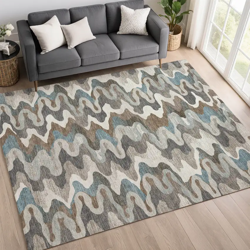 Ivory And Beige Abstract Washable Indoor Outdoor Area Rug Photo 6
