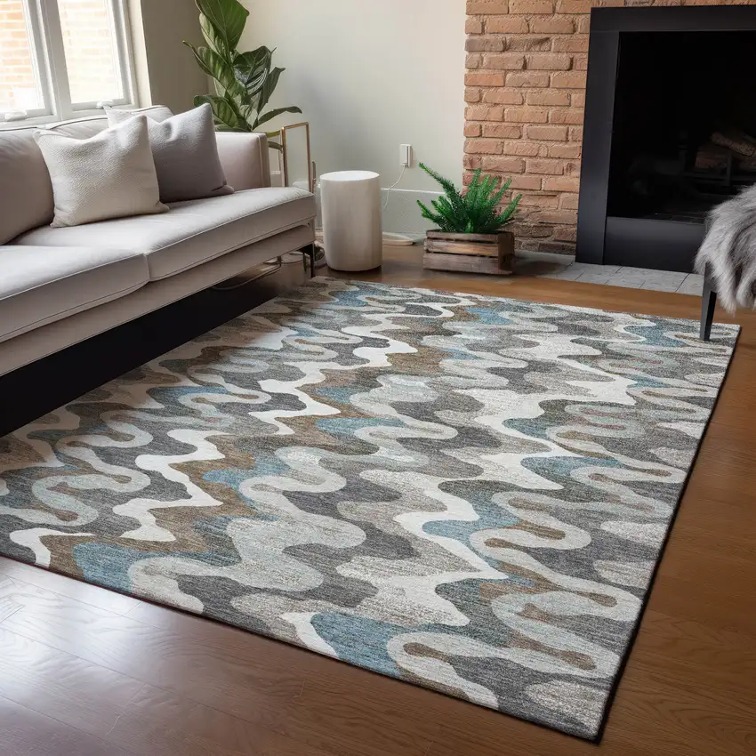 Ivory And Beige Abstract Washable Indoor Outdoor Area Rug Photo 5