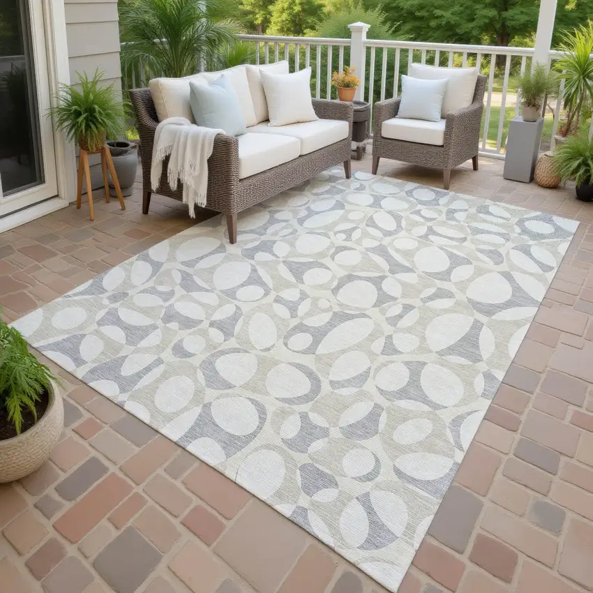 Ivory And Beige Abstract Washable Indoor Outdoor Area Rug Photo 4