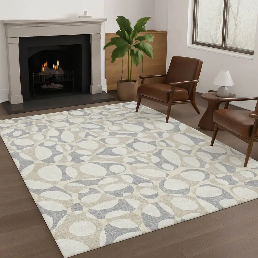 Ivory And Beige Abstract Washable Indoor Outdoor Area Rug Photo 6