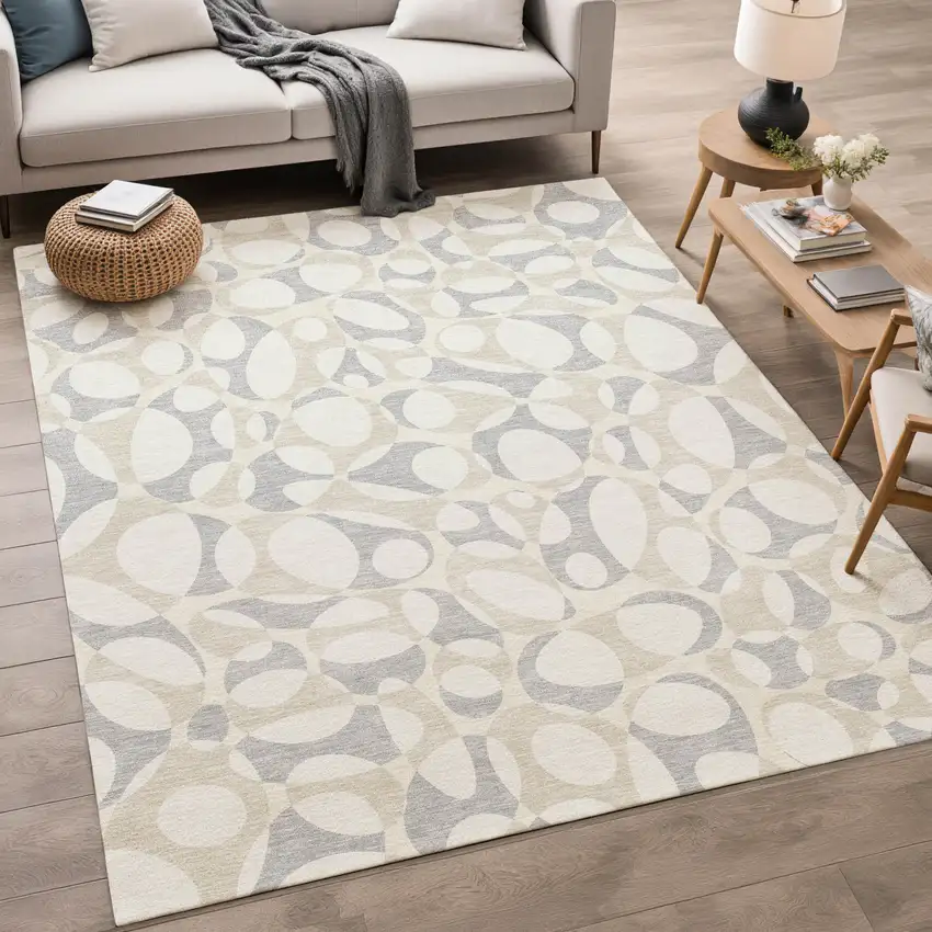 Ivory And Beige Abstract Washable Indoor Outdoor Area Rug Photo 5