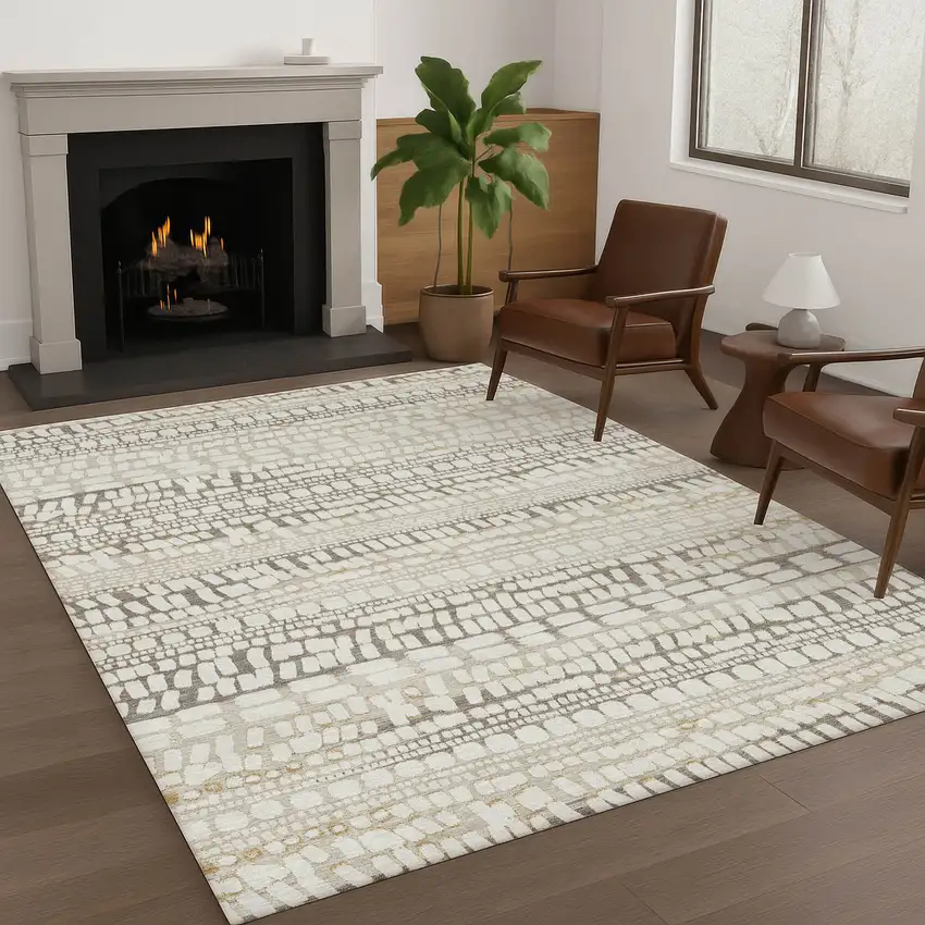 Ivory And Beige Abstract Washable Indoor Outdoor Area Rug Photo 6