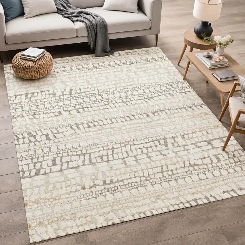 Ivory And Beige Abstract Washable Indoor Outdoor Area Rug Photo 5