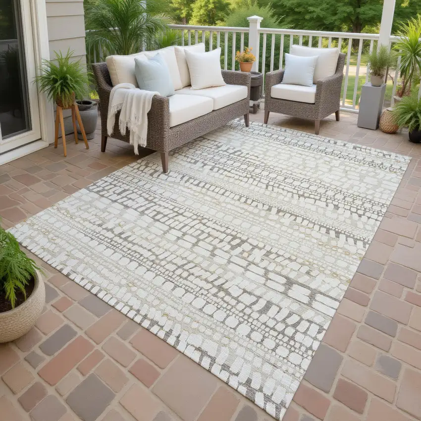Ivory And Beige Abstract Washable Indoor Outdoor Area Rug Photo 4