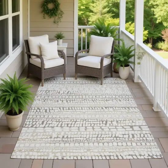 Ivory And Beige Abstract Washable Indoor Outdoor Area Rug Photo 7