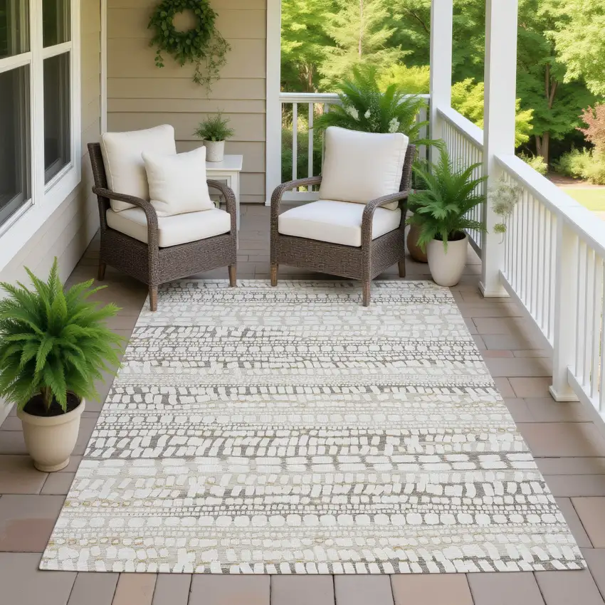 Ivory And Beige Abstract Washable Indoor Outdoor Area Rug Photo 7