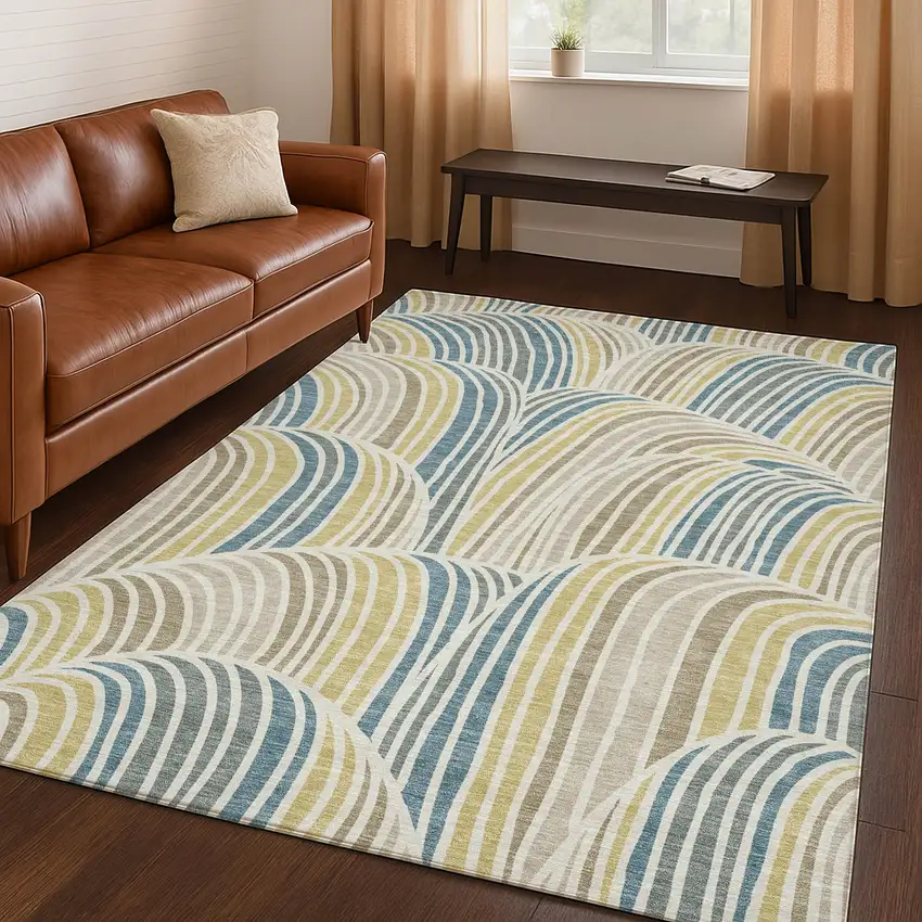 Ivory And Beige Abstract Washable Indoor Outdoor Area Rug Photo 5