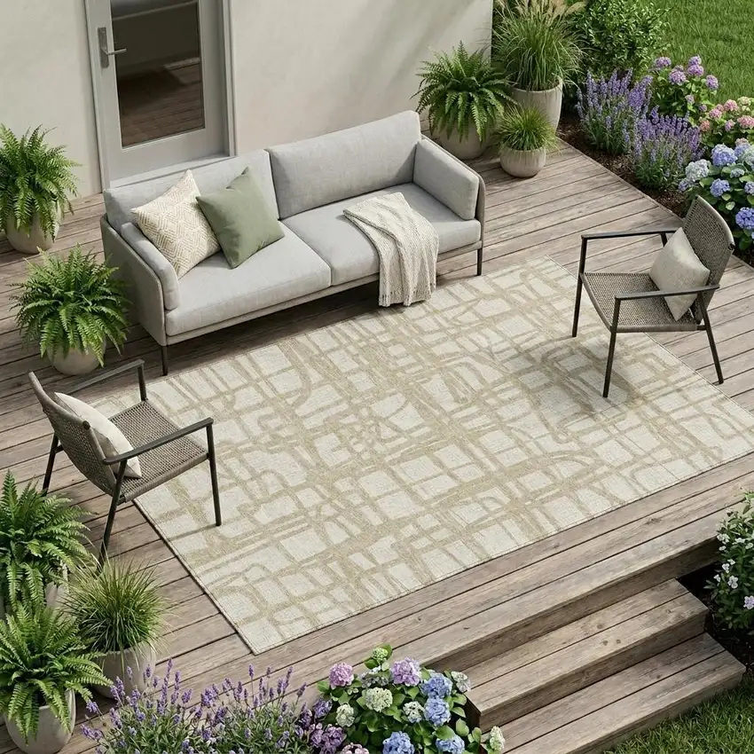 Ivory And Beige Abstract Washable Indoor Outdoor Area Rug Photo 1