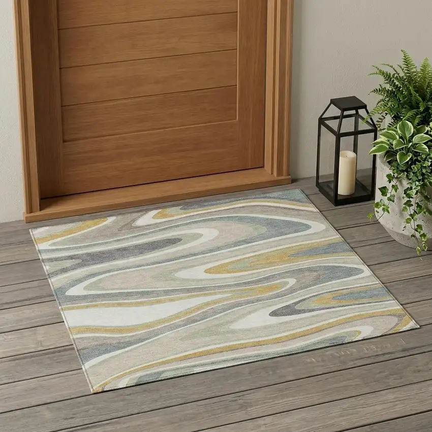 Ivory And Beige Abstract Washable Indoor Outdoor Area Rug Photo 1
