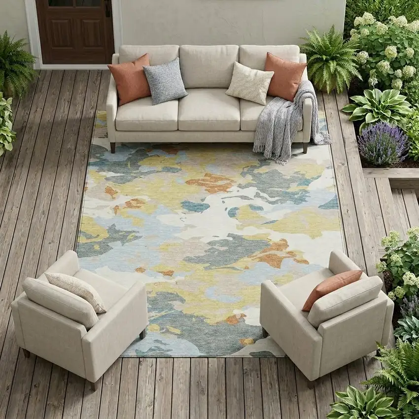 Ivory And Beige Abstract Washable Indoor Outdoor Area Rug Photo 1