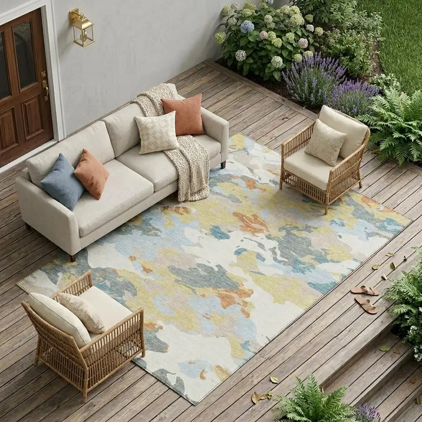 Ivory And Beige Abstract Washable Indoor Outdoor Area Rug Photo 1