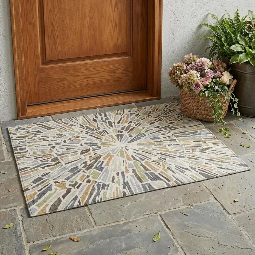 Ivory And Beige Abstract Washable Indoor Outdoor Area Rug Photo 1