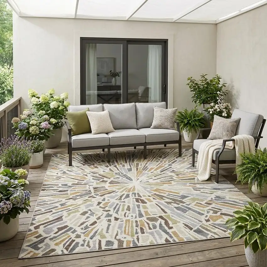 Ivory And Beige Abstract Washable Indoor Outdoor Area Rug Photo 1
